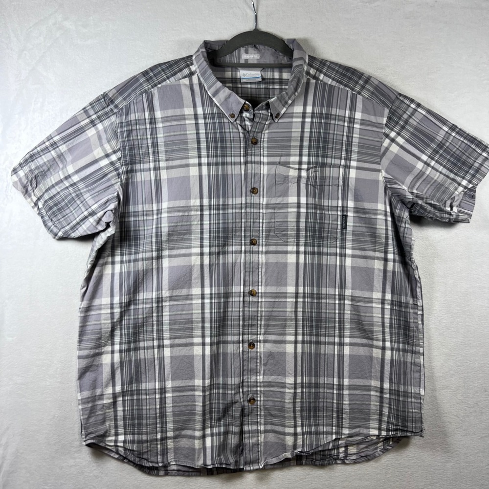 Columbia Mens XXL Grey Plaid Short Sleeve Button Down Shirt Regular Fit